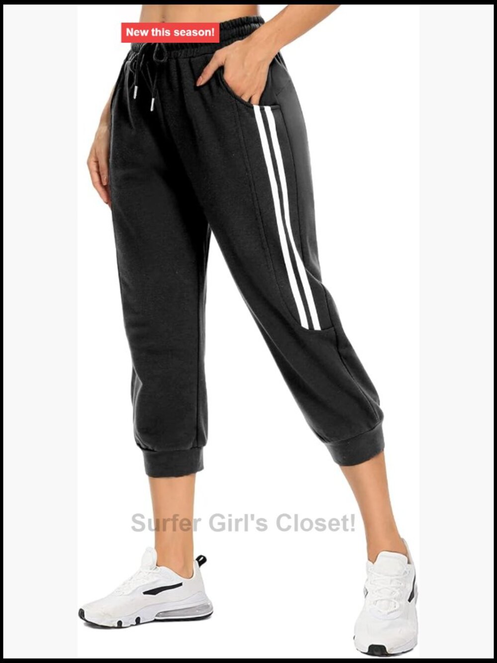 Cotton Spandex Capri Sweatpants with Pockets, Drawstring Workout Pants for Yoga
